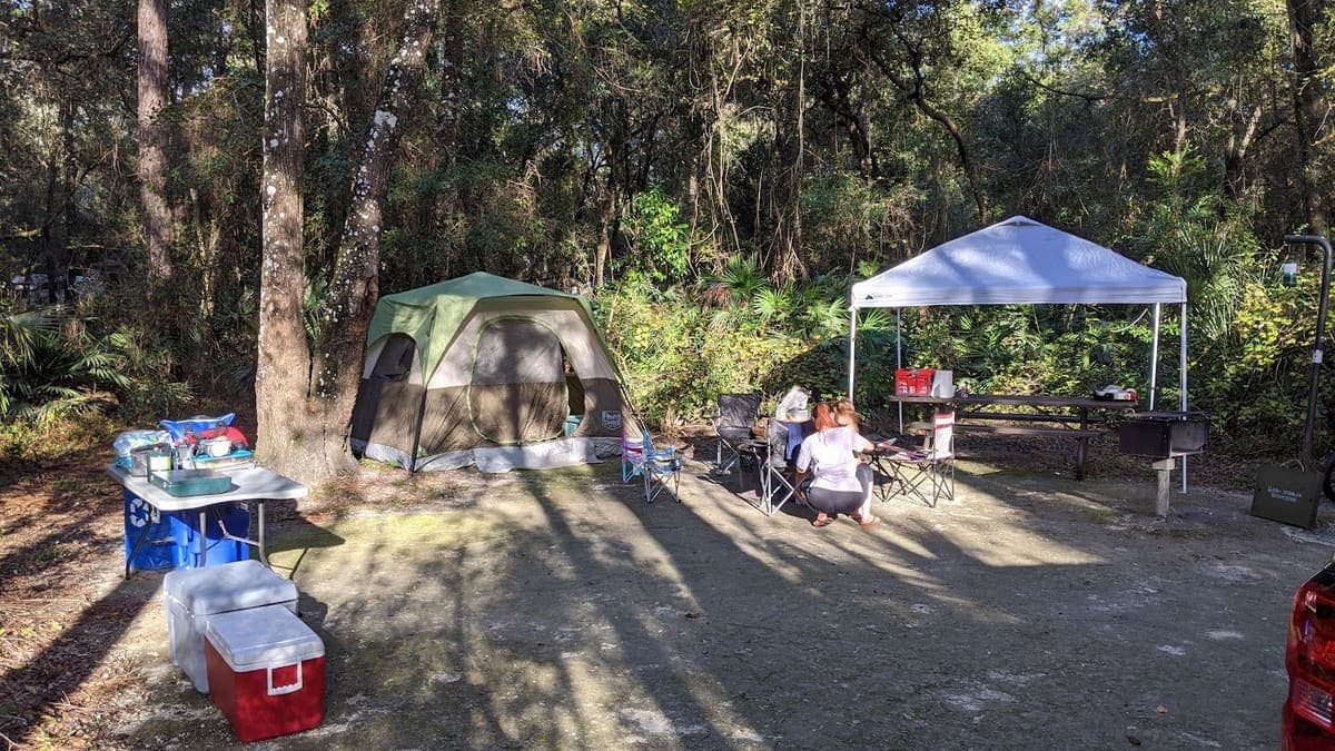 A green dome tent and canopy tent set up over a picnic table with coolers at a campsite in Ocala National Forest
