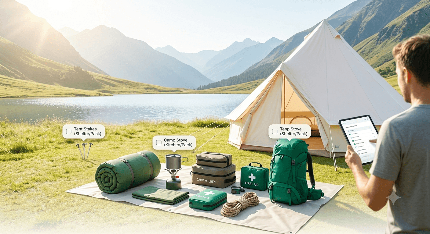 Camping gear laid out and organized next to a tent, with the checklist app open on a tablet