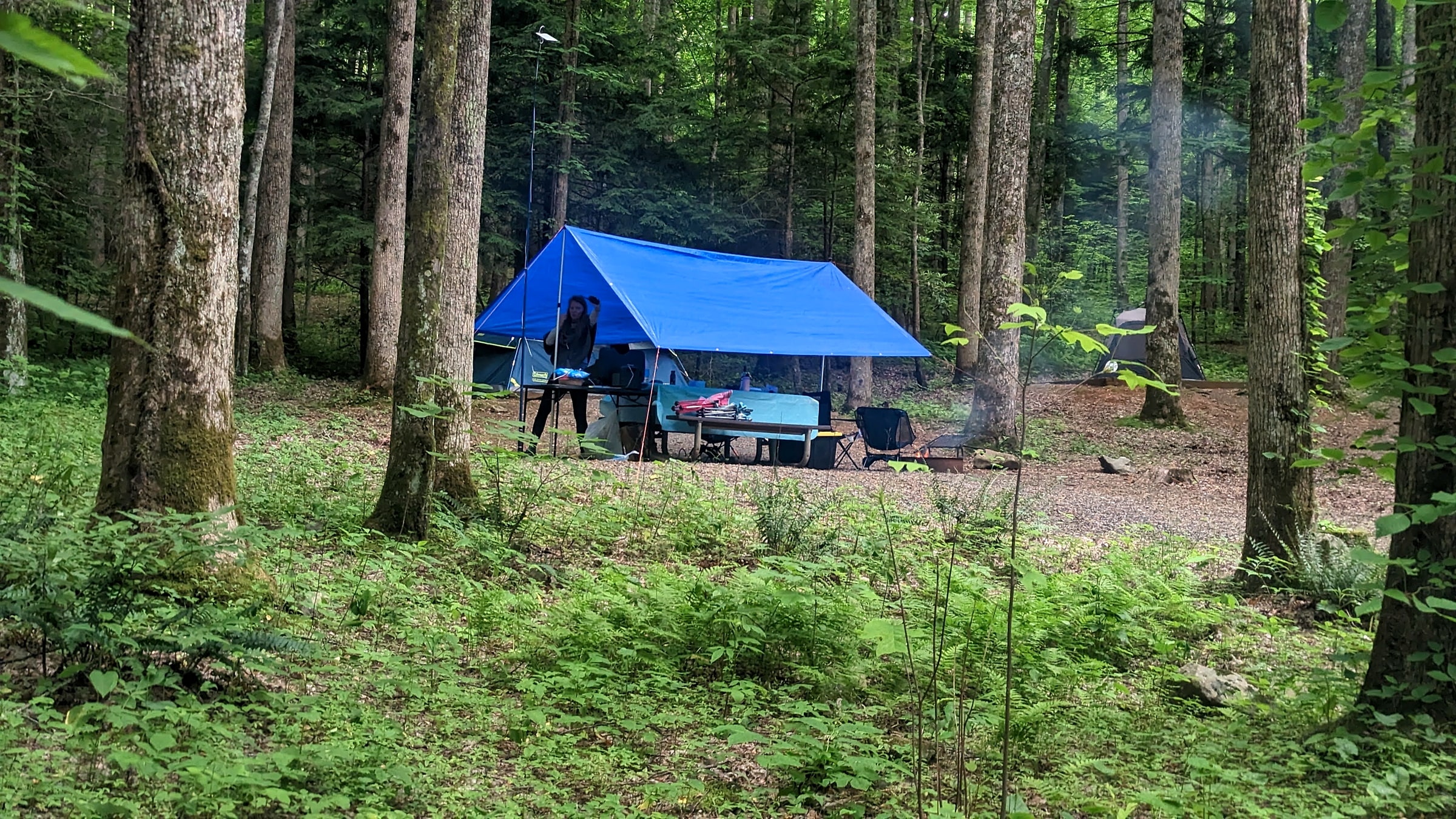 A blue tarp shelter rigged over a picnic table in dense fog, with a family sitting underneath, cars parked in the misty background