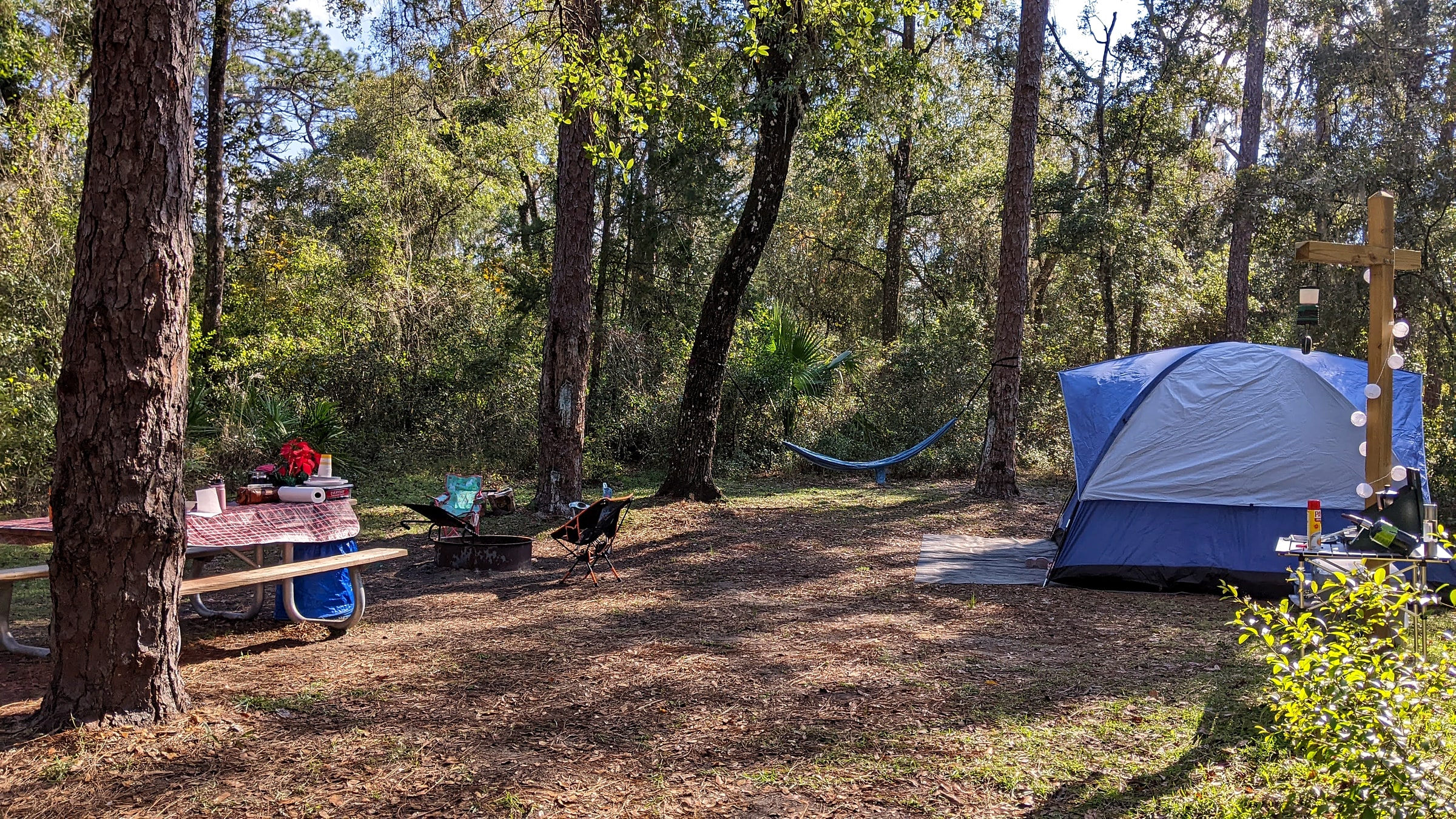 A tent campsite in Florida decorated for the holidays, with string lights and a picnic table set up in December