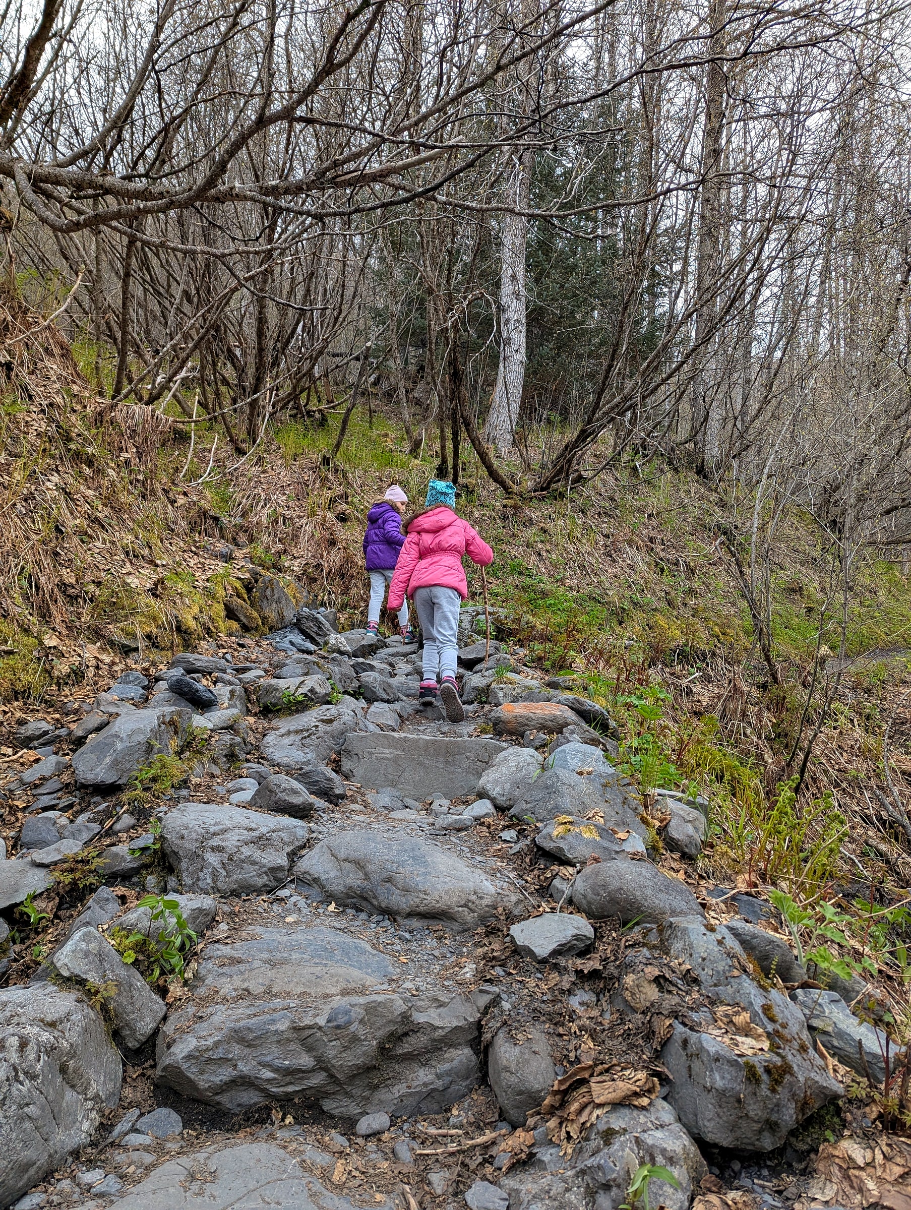 Two kids in jackets hiking up a steep, rocky section of the Harding Icefield Trail